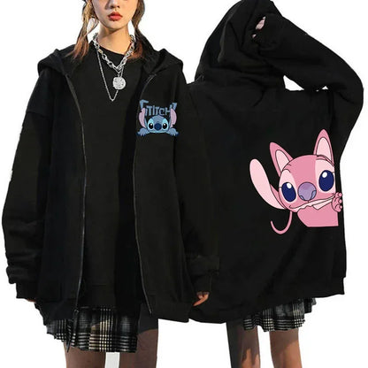 Womens Black Zip Hoodie Lilo & Stitch Mascot Costume Womens Winter Jacket Sale Sweater Aesthetic Pattern Hoodie Outerwear