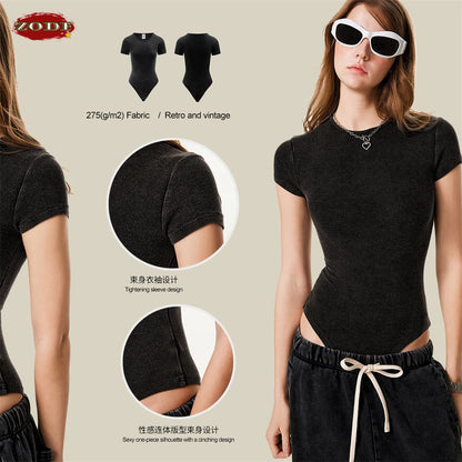 ZODF Hotsweet 2025 Women Washed Short Sleeve Bodysuits Sexy Girls Female 275gsm Slim Fit Distressed TEE Brand Tops HY1058