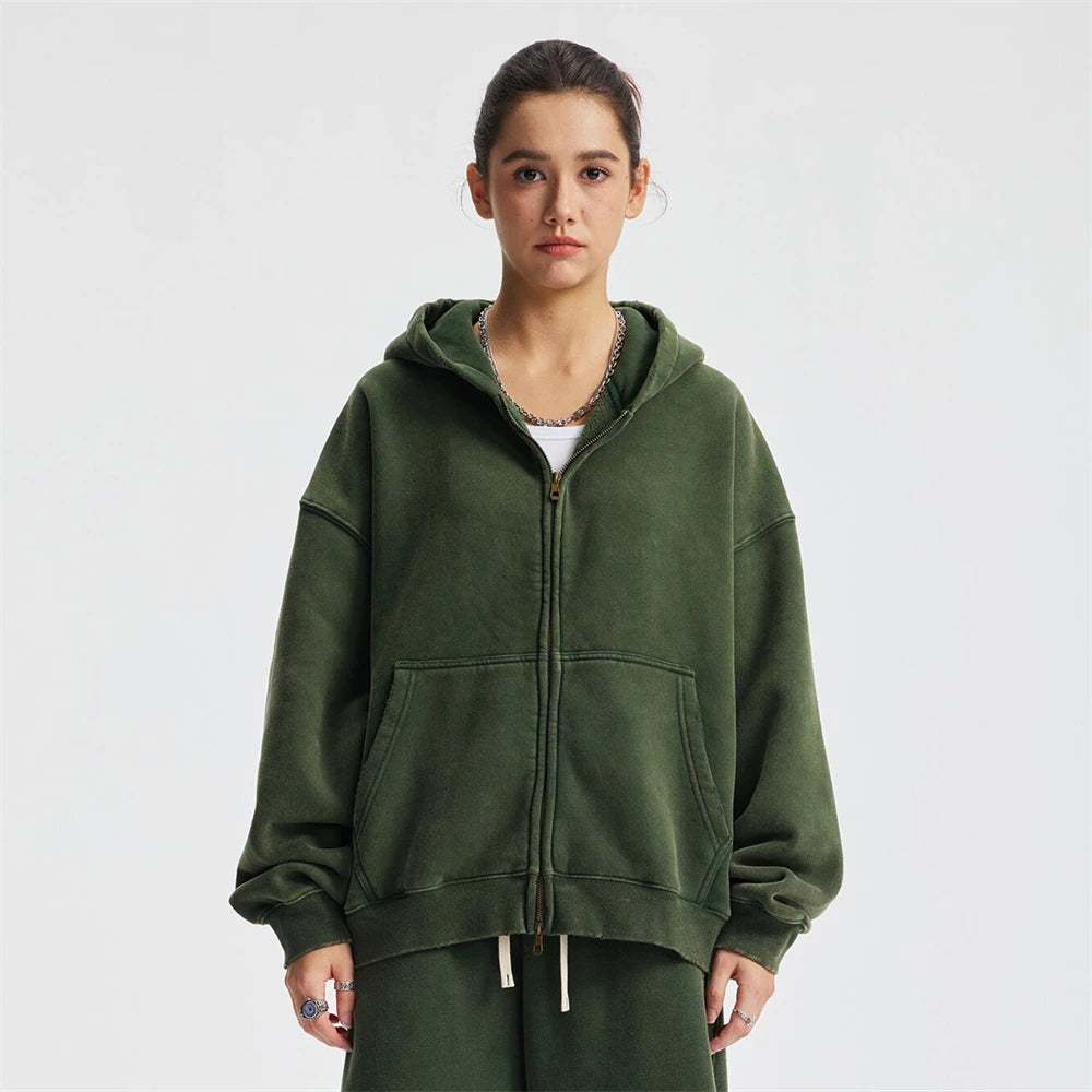 ZODF New 2025 Winter Man's Fleece Zipper Hoodies Unisex Retro 370gsm Loose Boxy Batik Washed Hooded Coats Sweatshirts HY1164