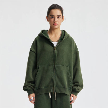 ZODF New 2025 Winter Man's Fleece Zipper Hoodies Unisex Retro 370gsm Loose Boxy Batik Washed Hooded Coats Sweatshirts HY1164