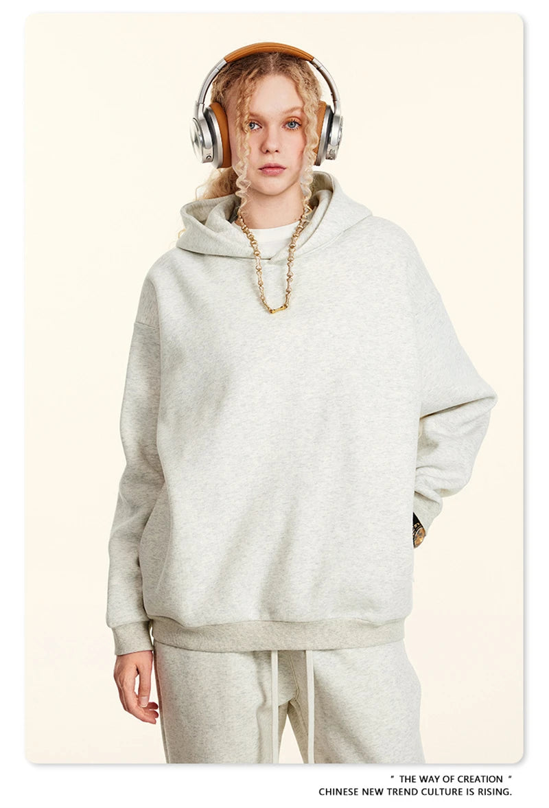 ZODF New Winter Men Solid Fleece Hoodies Unisex Women 345gsm Loose Warm Side Zipper Pocket Hooded Pullovers Brand Clothes HY0867