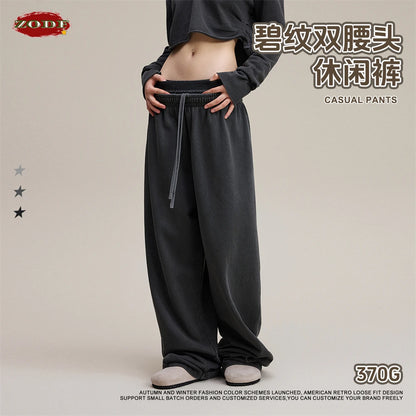ZODF Retro Women Washed 370gsm Straight Pants Vintage Girls Female Loose Double Waist Wide Leg Cotton Trousers HY1150