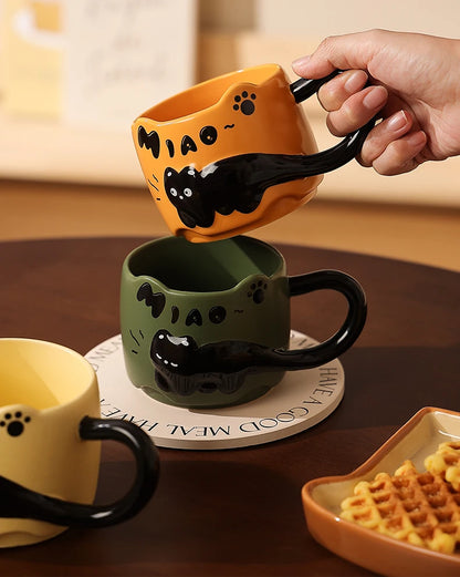 Cat Stacking Mug Creative Cute Cartoon Cat Ceramic Coffee Cup Fun Cat Tail Integrated Handle Cup Couple Water Cup Birthday Gift