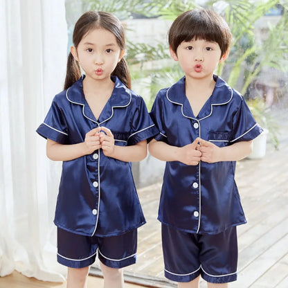 Boy Girl Satin Silk Pajamas Short Sets for Kids Toddler 3 4 5 6 7 8 9 10 11 12 13 14 Years Pink Summer Children Pijama Sleepwear