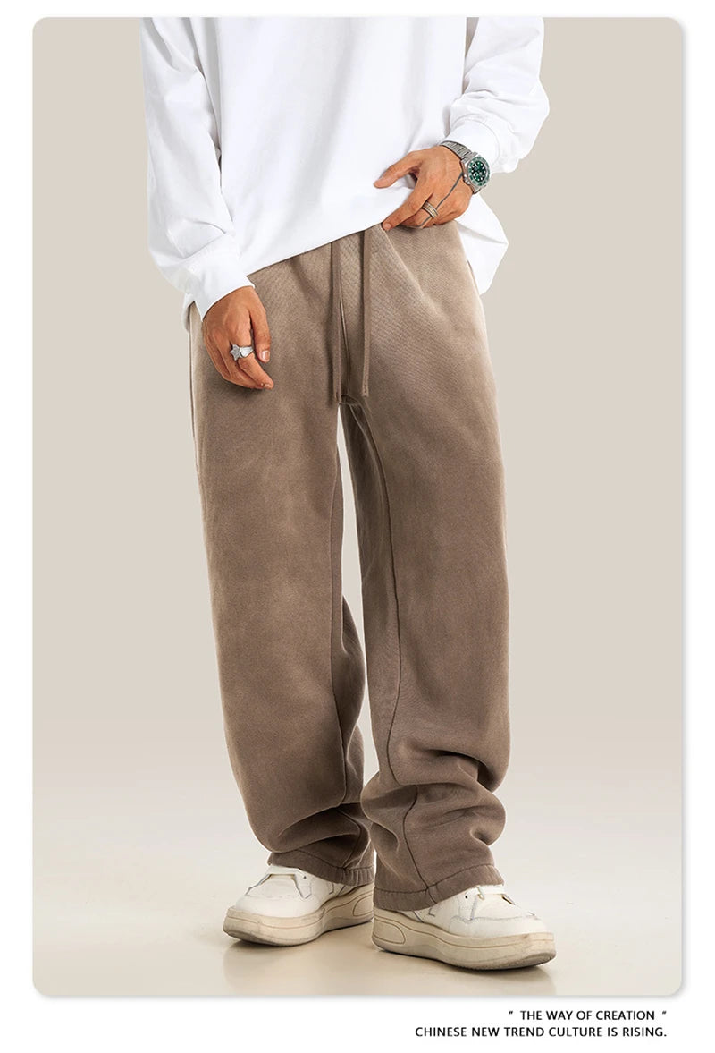 ZODF Retro Winter Monkey Washed Fleece Pants For Men Unisex Washed High Street 332gsm Warm Oversized Straight Trousers HY0892
