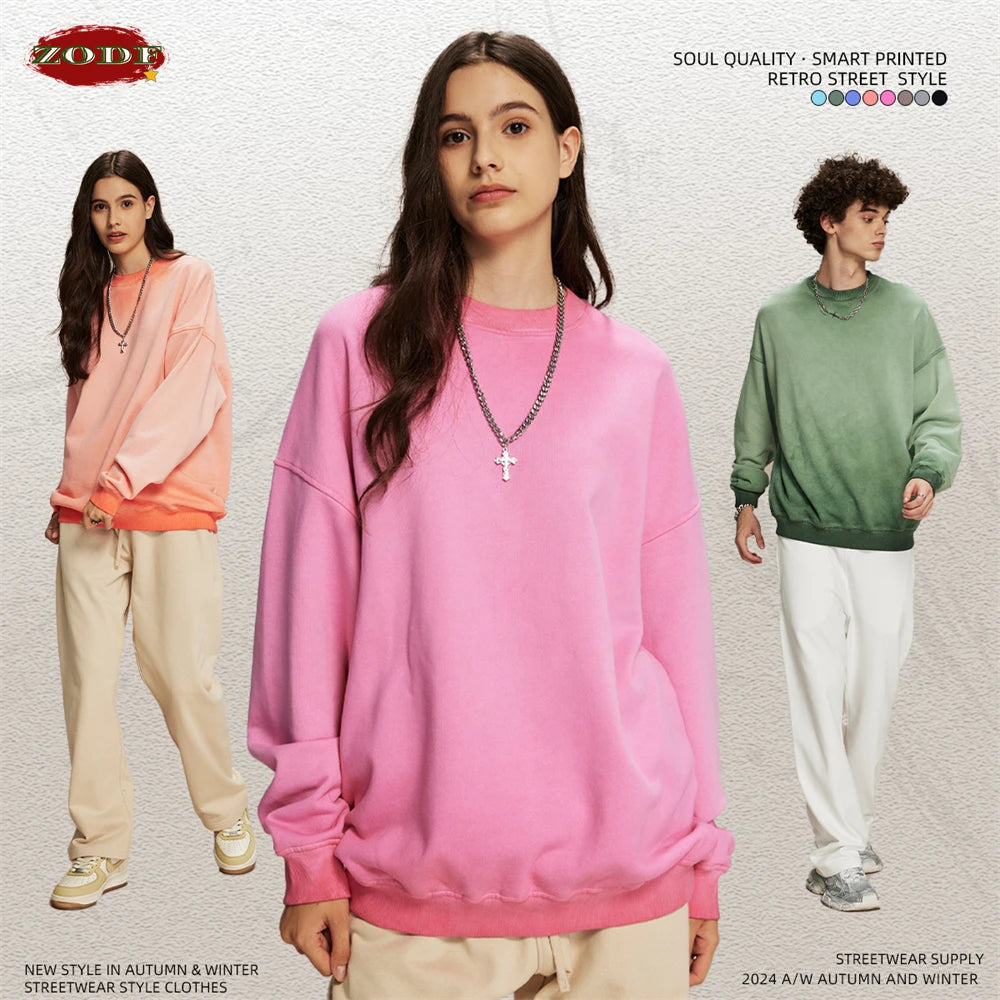 ZODF 2024 Autumn Men's Washed Sweatshirt Unisex Women Retro Solid 430gsm Terry Cotton O Neck Pullovers Coat HY0880