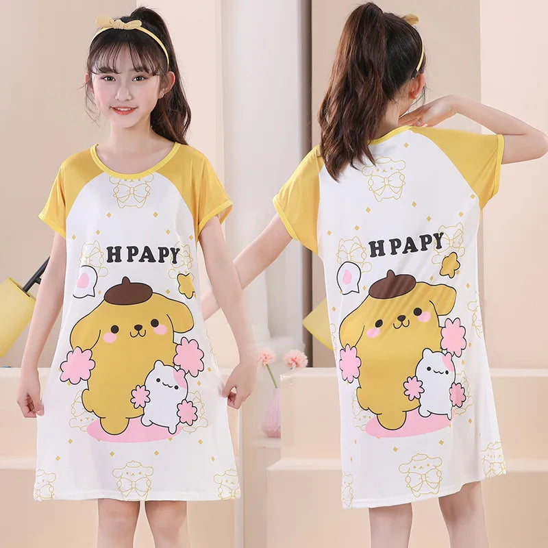 MINISO Children Home Clothing Girls Night Dress Summer Short Sleeve Disney Hello Kitty Cat Toddler Girl Pjs Nightgown Sleepwear