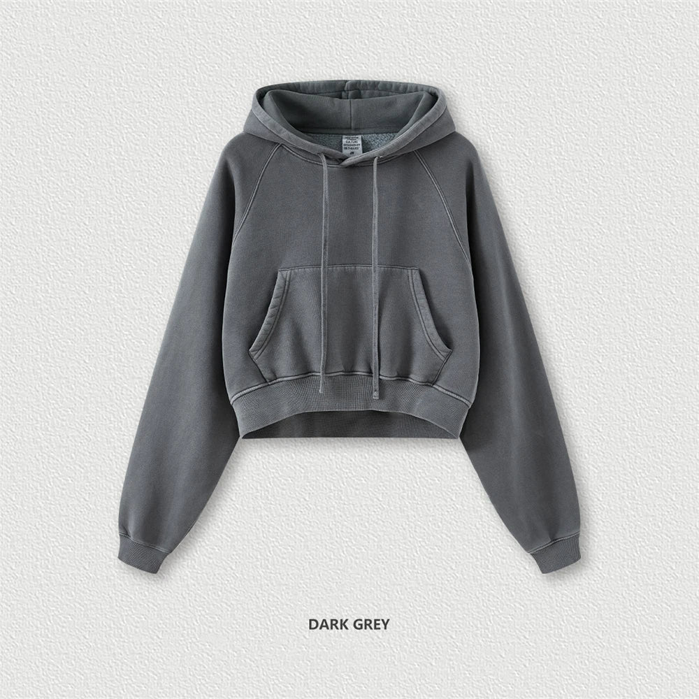 ZODF Women Hotsweet 2025 Winter Washed Fleece Crop Hoodies Girls Oversized Raglan Sleeve 400gsm Hooded Pullovers HY0648