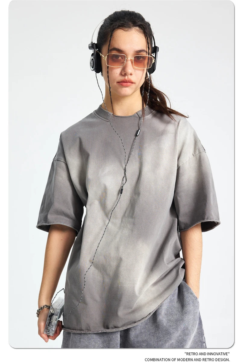 ZODF Retro Summer Men Washed 100% Cotton T-Shirts Unisex High Street Oversized Distressed Broken Neck T Shirt Brand Tees HY1050