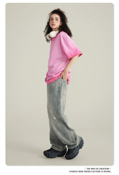 ZODF 2023 Men's Summer 255G Wash Gradient Fried Cotton T Shirt Round Neck Short Sleeve American Retro Loose T-Shirt HY0547