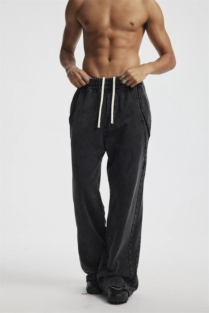 ZODF Retro 2025 Autumn Man Washed Cotton Straight Pants Unisex 430gsm Distressed Patchwork Oversized Trousers Sweatpants HY1168