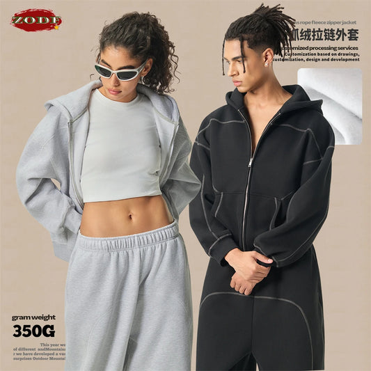 ZODF New Winter 350gsm Man Fleece Boxy Fit Zipper Hoodie Unisex Hip Hop Solid Warm Hooded Coat Brand Jackets HY0034
