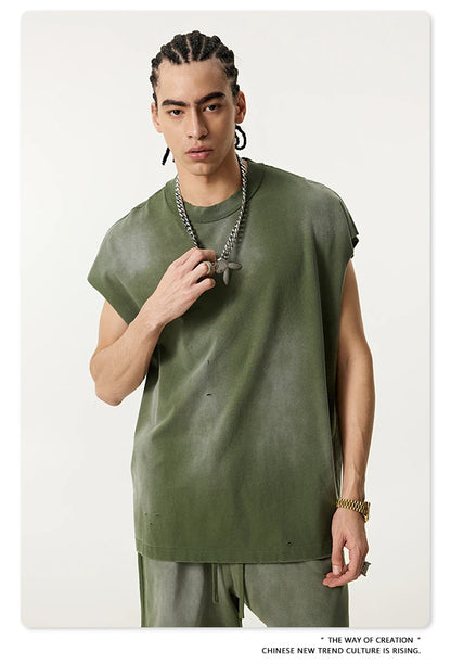 ZODF 2025 Summer 285gsm Washed Tank Tops For Men Unisex American Retro Cut Distressed Oversized Sleeveless TEE Vest HY1006
