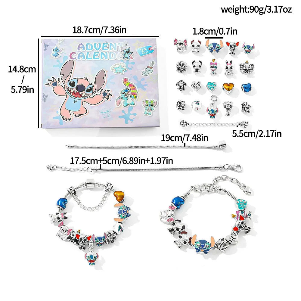New Disney Stitch  24-Grid Christmas Countdown Calendar Blind Box - Alloy Bracelet Gift Set For Halloween & Xmas
