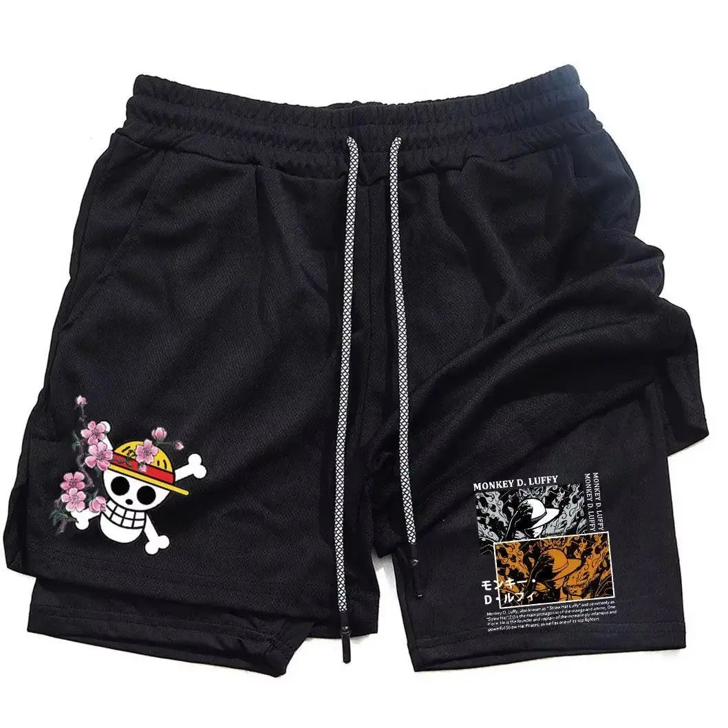 One Piece Luffy Anime Men Gym Shorts Summer Cartoon Print Quick Dry Streetwear Fashion Double-layer Sports Pants Men's Clothing