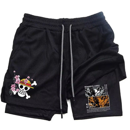 One Piece Luffy Anime Men Gym Shorts Summer Cartoon Print Quick Dry Streetwear Fashion Double-layer Sports Pants Men's Clothing