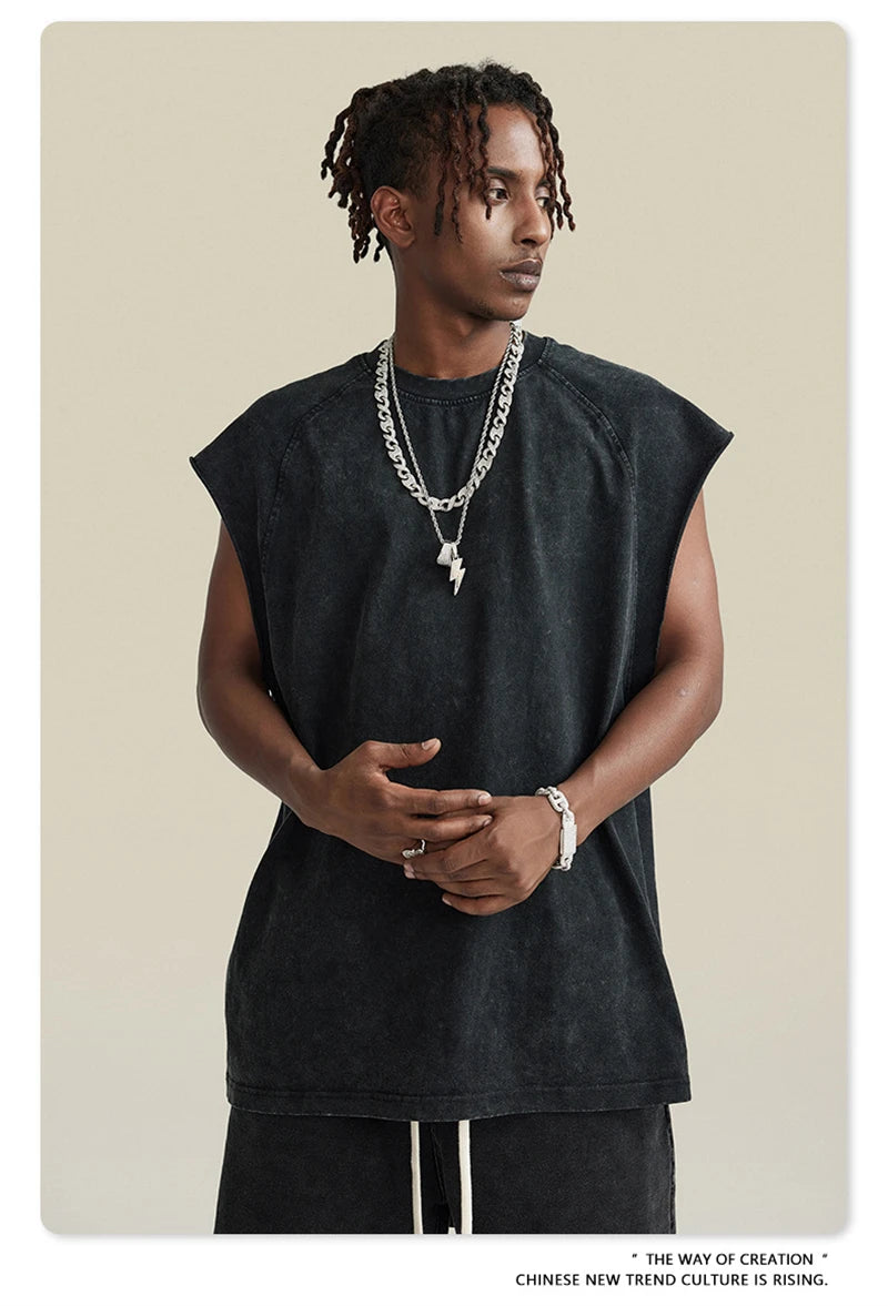 ZODF American Retro Men Washed Solid Tank Tops Women Unisex Loose Edge 275gsm Cotton Sleeveless Tees Brand Streetwears HY0503
