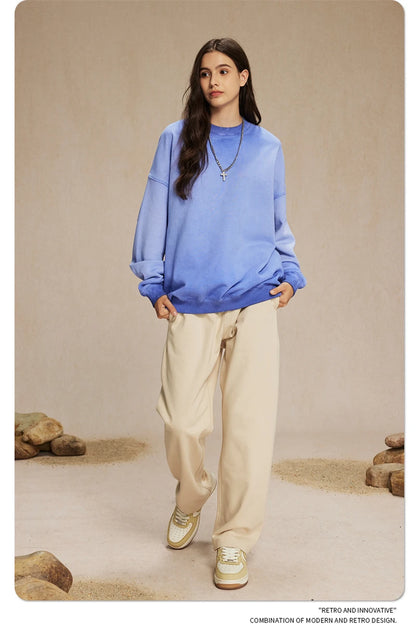 ZODF 2024 Autumn Men's Washed Sweatshirt Unisex Women Retro Solid 430gsm Terry Cotton O Neck Pullovers Coat HY0880