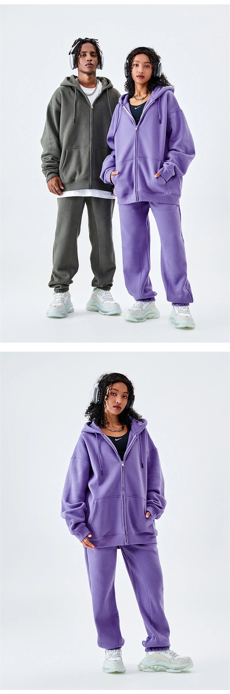 ZODF Basic Winter Men Fleece Zipper Hoodies Unisex Casual Loose 350gsm Warm Solid Hooded Sweatshirts Coats 18 Colors HY0726