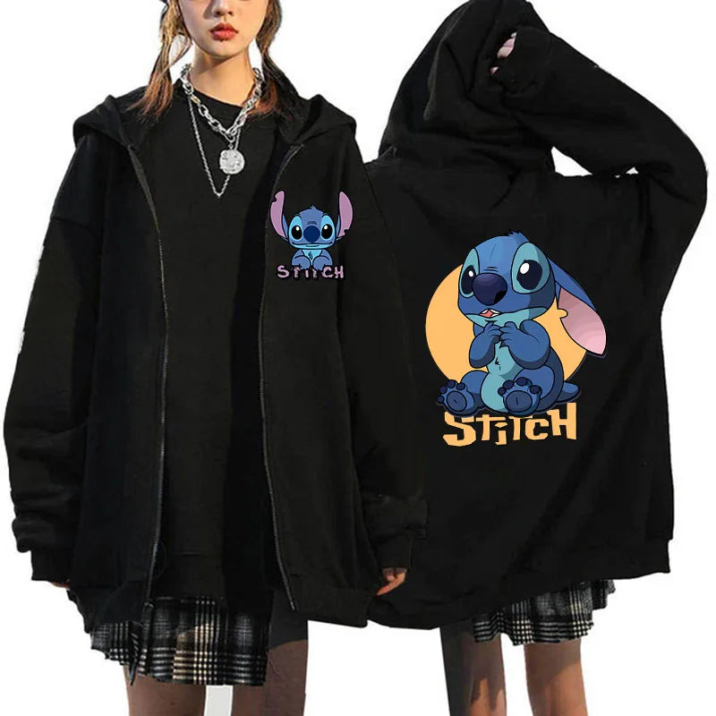 Women's Oversized Zipper Hoodie MINISO Luxury Brand Disney Lilo and Stitch Couple Hooded Sweatshirt Autumn and Winter Warm Jacke