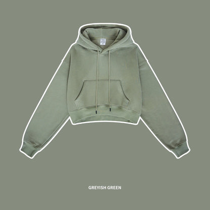 ZODF Chic Sexy Women Super-short Fleece Cropped Hoodies Girl Female Hip Hop Loose 345gsm Solid Hooded Pullover Streetwear HY0340