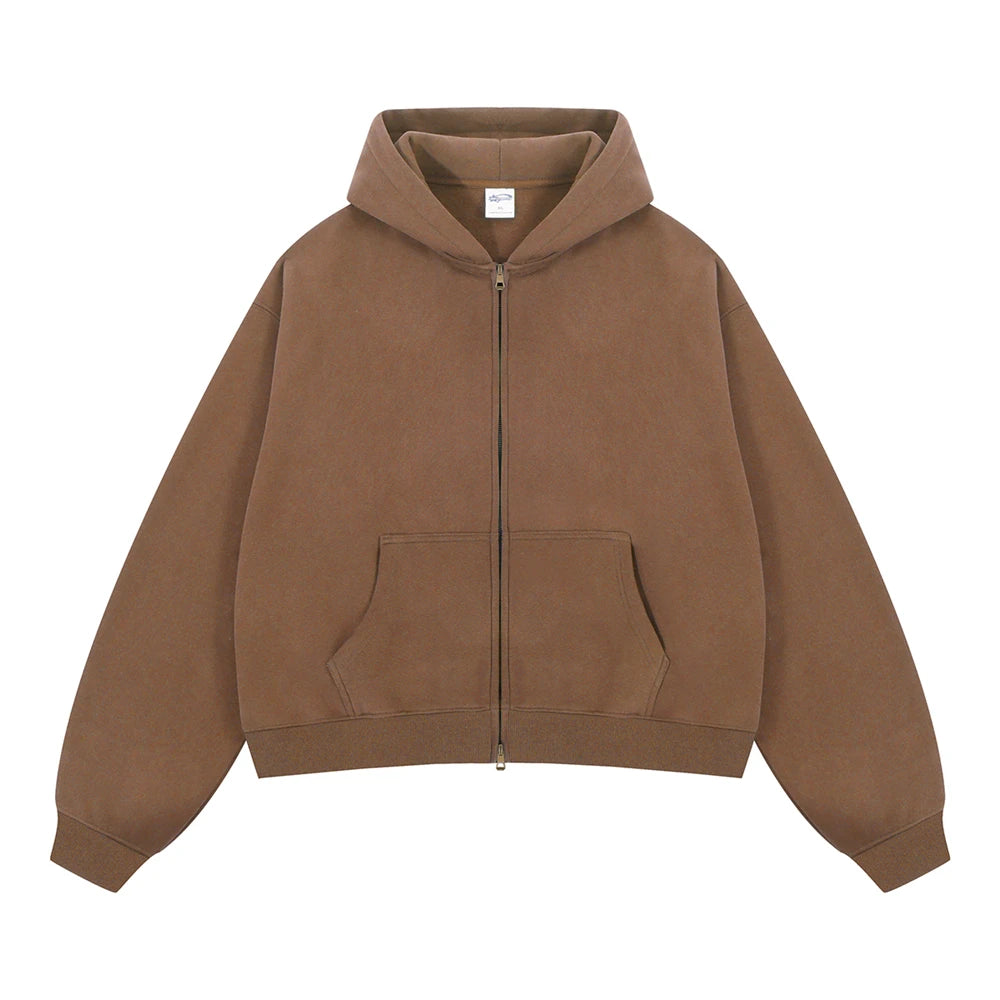 ZODF Trendy 2025 Winter Man Solid Fleece Boxy Hoodies Unisex 350gsm Double Head Zipper Hooded Sweatshirts Coat HY1122