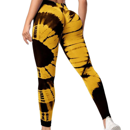 Seamless High Waist Tie Dye Leggings for Women Yoga Fitness Butt Lifting Workout Tights - Yellow Black / S