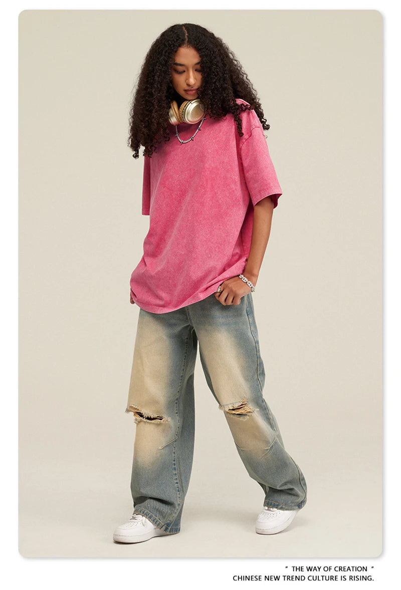 ZODF New Summer Men Washed Batik Cotton T Shirts Unisex American Retro High Street 270gsm Short Sleeve Tees Streetwear HY0489