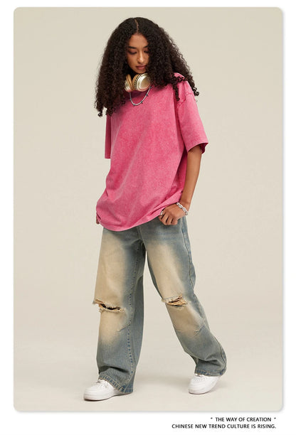 ZODF New Summer Men Washed Batik Cotton T Shirts Unisex American Retro High Street 270gsm Short Sleeve Tees Streetwear HY0489