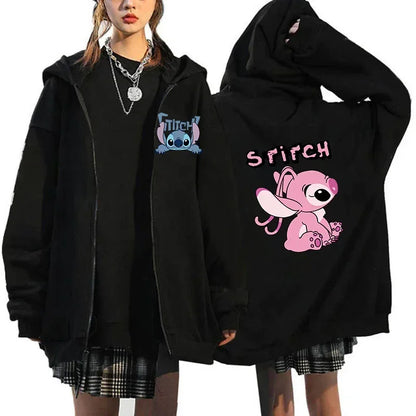 Womens Black Zip Hoodie Lilo & Stitch Mascot Costume Womens Winter Jacket Sale Sweater Aesthetic Pattern Hoodie Outerwear