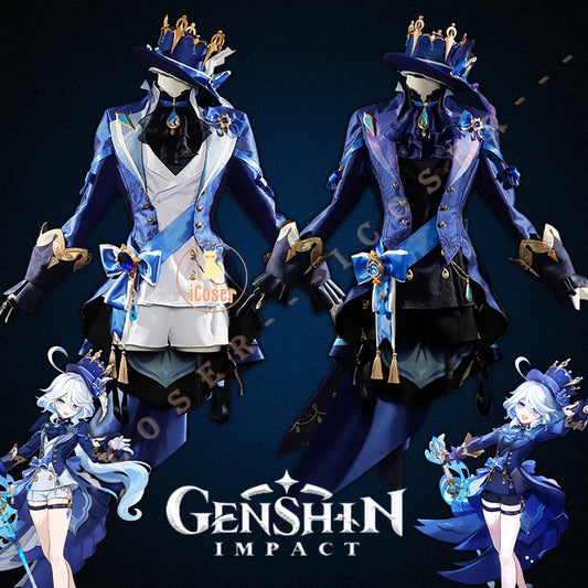 iCoser Focalors Furina Cosplay Costume Wig Dress Genshin Impact Fontaine Uniform Hat Pneuma Ousia God of Justice for Women Props