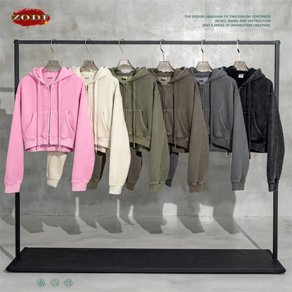 ZODF Retro 2025 Winter Women Short Zipper Hoodies Female Girls Loose 355gsm Thick Fleece Hooded Zip-up Coat Streetwears HY0448