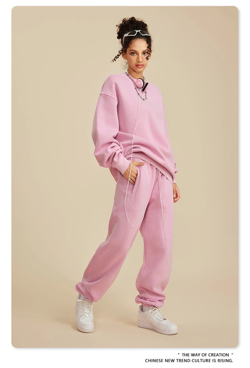 ZODF New Men Winter 355gsm Washed Fleece Sweatshirts Retro Unisex Oversized Solid O-Neck Warm Pullovers Coat Streetwears HY0639