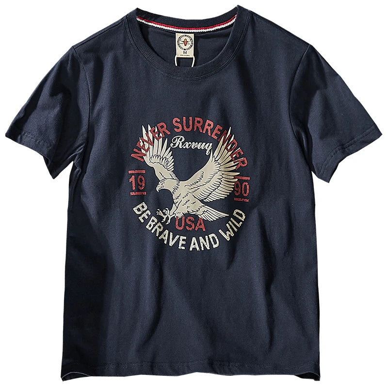 Summer New American Retro Short-sleeved O-neck Eagle Printed T-shirt Men's Fashion Simple 100% Cotton Washed Casual Sport Tops