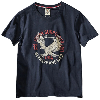 Summer New American Retro Short-sleeved O-neck Eagle Printed T-shirt Men's Fashion Simple 100% Cotton Washed Casual Sport Tops