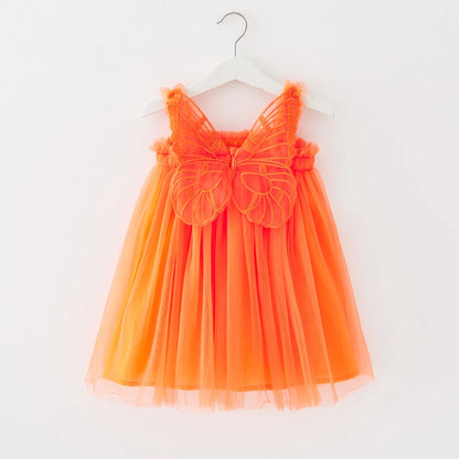 Girl Clothes 2024 Summer Princess Dresses Orange Sleeveless Dress Korean Kids Dress Butterfly Party Holiday Dresses for Children