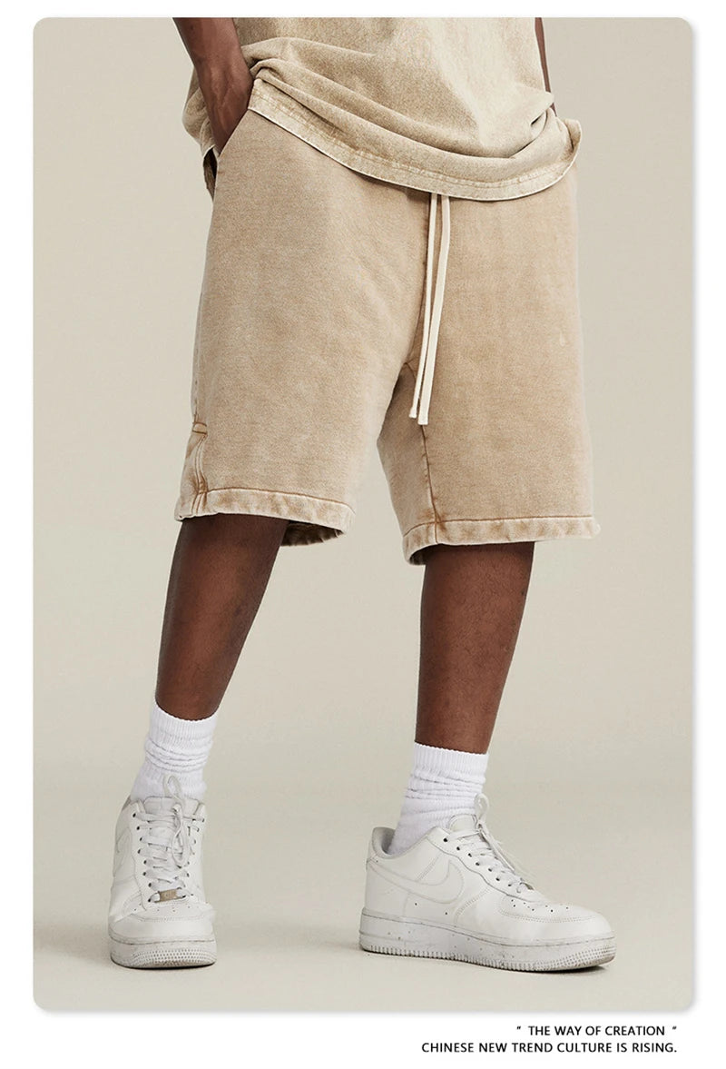 ZODF 2024 Summer Men 350gsm Washed Cotton Shorts Unisex Retro High Street Loose Side Slit Short Pants Streetwears HY0839