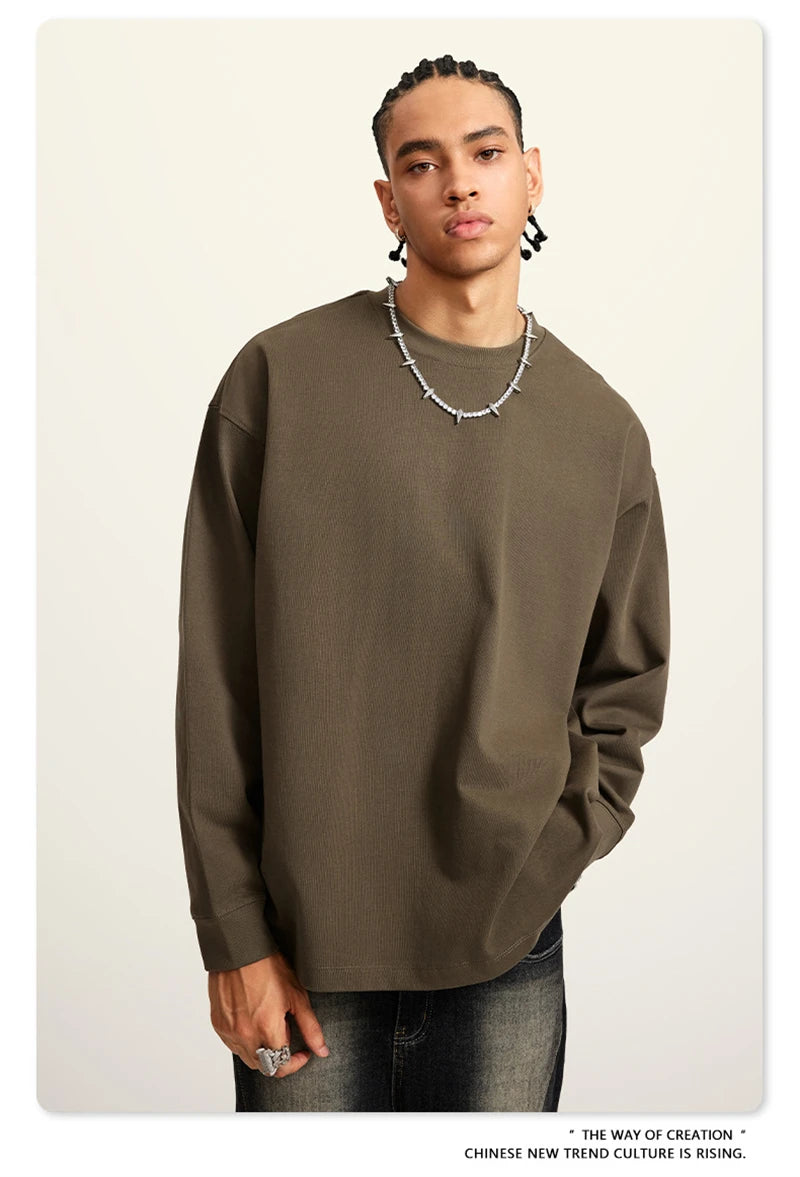 ZODF Autumn Winter 425gsm Long Sleeve T-Shirt American Retro Unisex Loose Heavyweight Basic Cotton T Shirts TEE HY0676