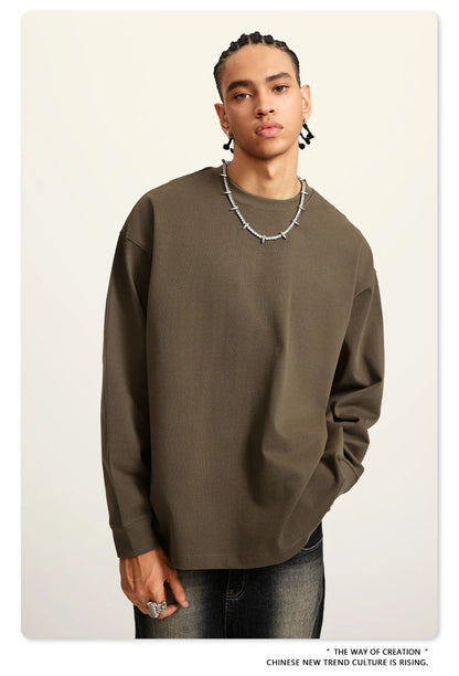 ZODF Autumn Winter 425gsm Long Sleeve T-Shirt American Retro Unisex Loose Heavyweight Basic Cotton T Shirts TEE HY0676