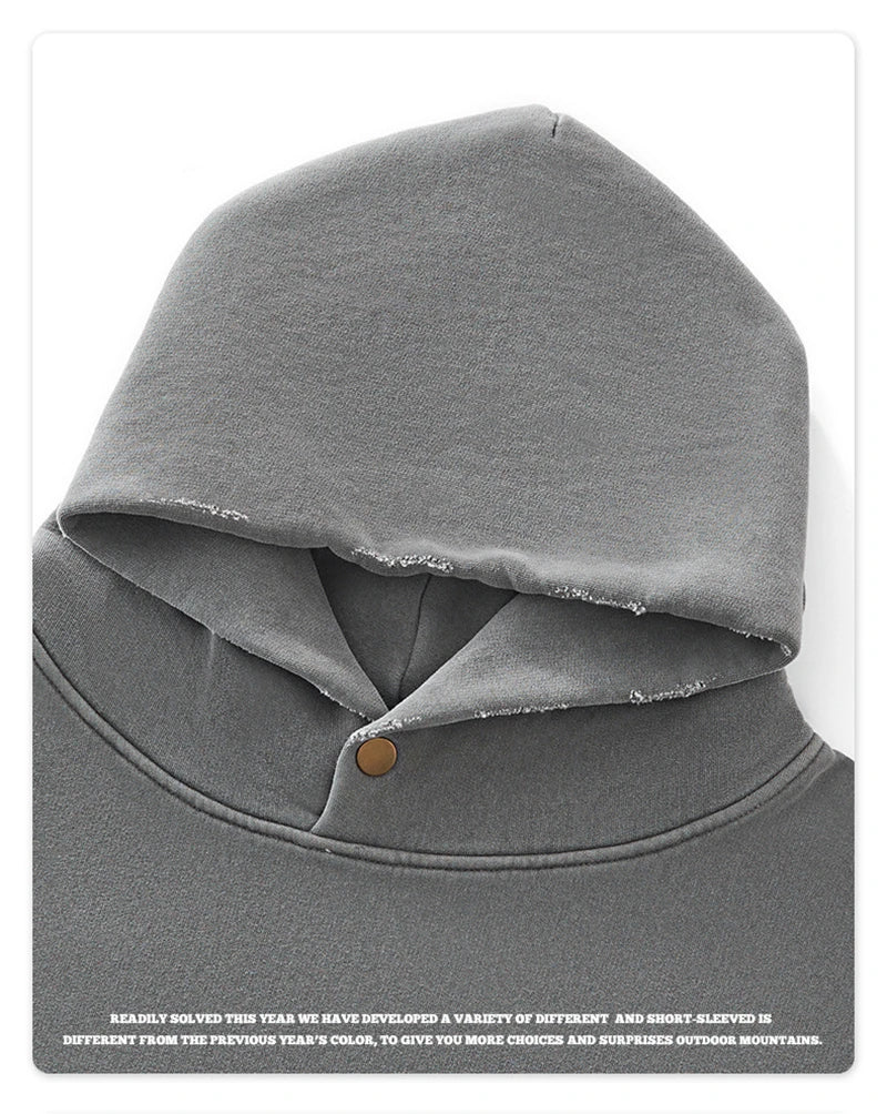 ZODF Vintage 350gsm Man Washed Boxy Fleece Hoodie Unisex Loose Ripped Warm Button Winter Hooded Pullovers Brand Clothing HY0053