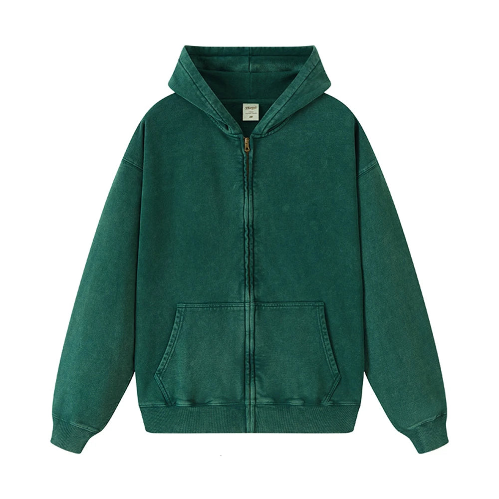 ZODF Retro Autumn Batik Washed 100% Cotton 420gsm Terry Oversized Distressed Zipper Hoodie Unisex HY0936 - green / XXL