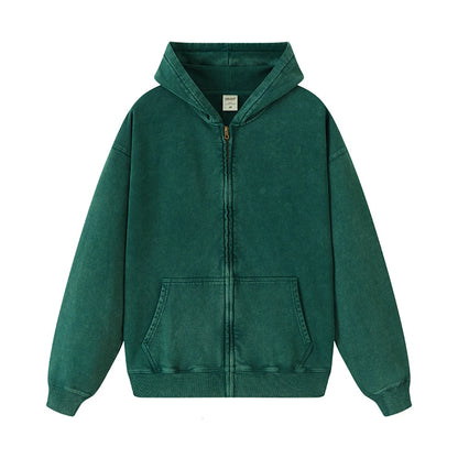 ZODF Retro Autumn Batik Washed 100% Cotton 420gsm Terry Oversized Distressed Zipper Hoodie Unisex HY0936 - green / XXL