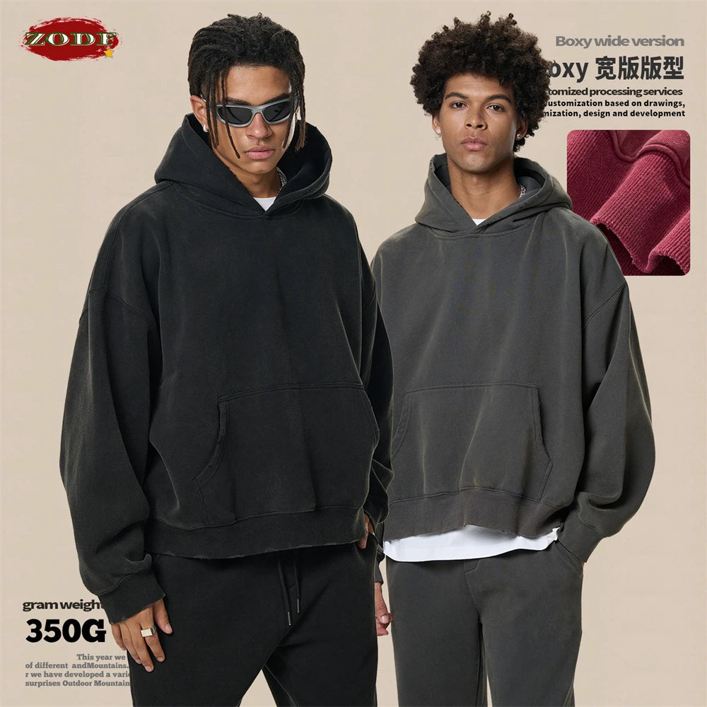 ZODF New 2025 Winter Man 350gsm Washed Fleece Hoodies Unisex Loose Boxy Style Hooded Pullovers Brand Outwears HY0041