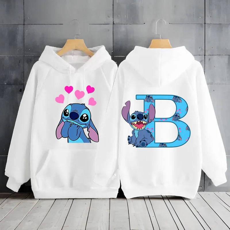 2025 Women's Winter Jacket Cute Kawaii Disney Lilo & Stitch Lucky Letter Print White Hoodie Fashion Couple Streetwear Sportswear