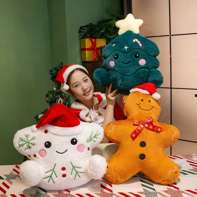 Big Festive Christmas Plush Pillow Cushion Adorable Snowman Gingerbread & Christmas Tree Design Soft Stuffed Plushies Home Decor