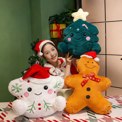 Big Festive Christmas Plush Pillow Cushion Adorable Snowman Gingerbread & Christmas Tree Design Soft Stuffed Plushies Home Decor