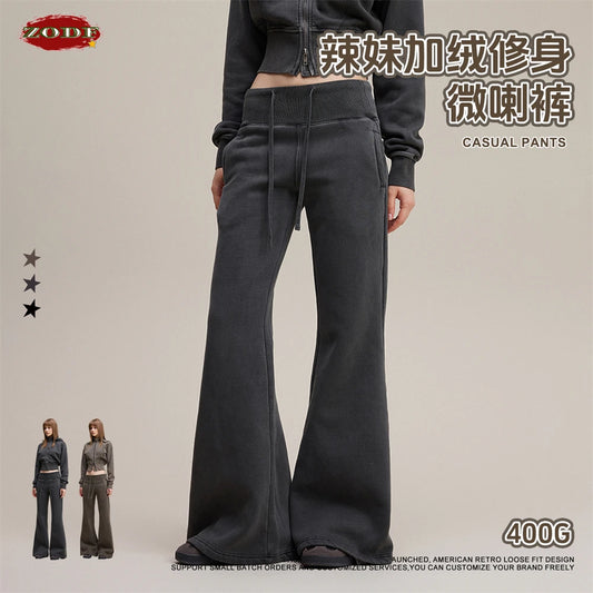 ZODF Retro Winter Women 400gsm Fleece Flared Pants Casual Girls Female Slim Fit Warm Washed Distressed Trousers HY1142