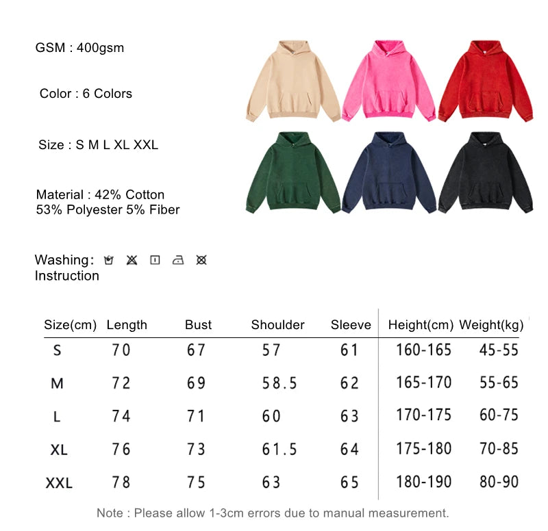 ZODF Winter Autum Men's Washed 400gsm Fleece Hoodies Unisex Couple Retro Oversized Ripped Hooded Sweatshirts Pullovers HY0652