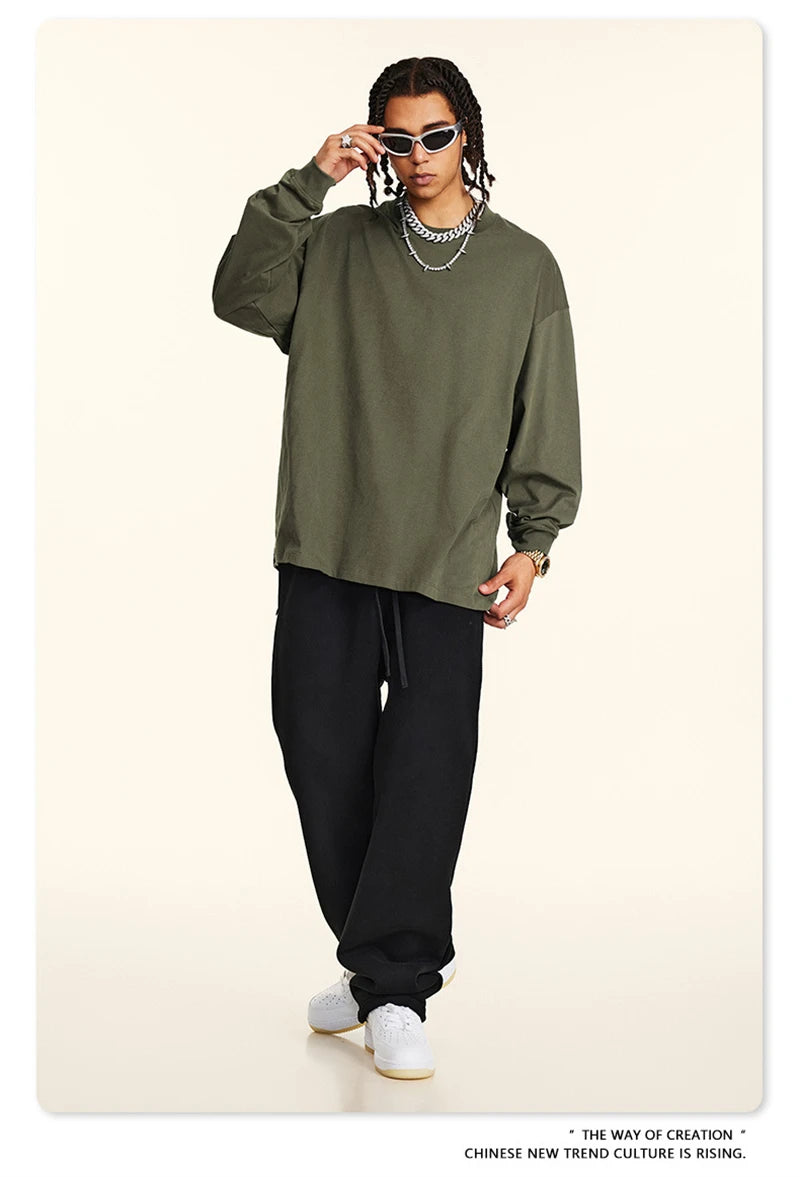 ZODF New 2024 Autumn 225gsm Loose Solid T-Shirt For Men Retro Unisex Antibacterial Full Sleeve T Shirts Brand Tops HY0871