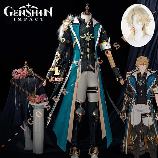 Genshin Impact Varka Cosplay Costume Wig Uniform Knights of Favonius Mondstadt Halloween Party Women Men Girls Role Play Props
